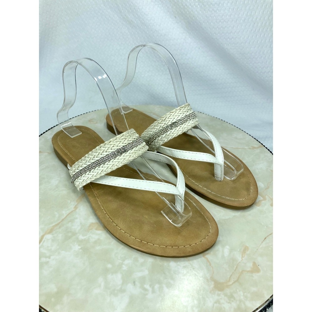 Andiamo Rhinestone Woven Thong Sandals Womens Sz 8.5 White Flat Boho Beach Shoes